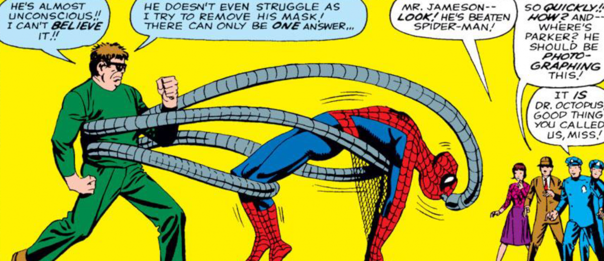 Doctor Octopus trying remove an unconscious Spider-man's mask.